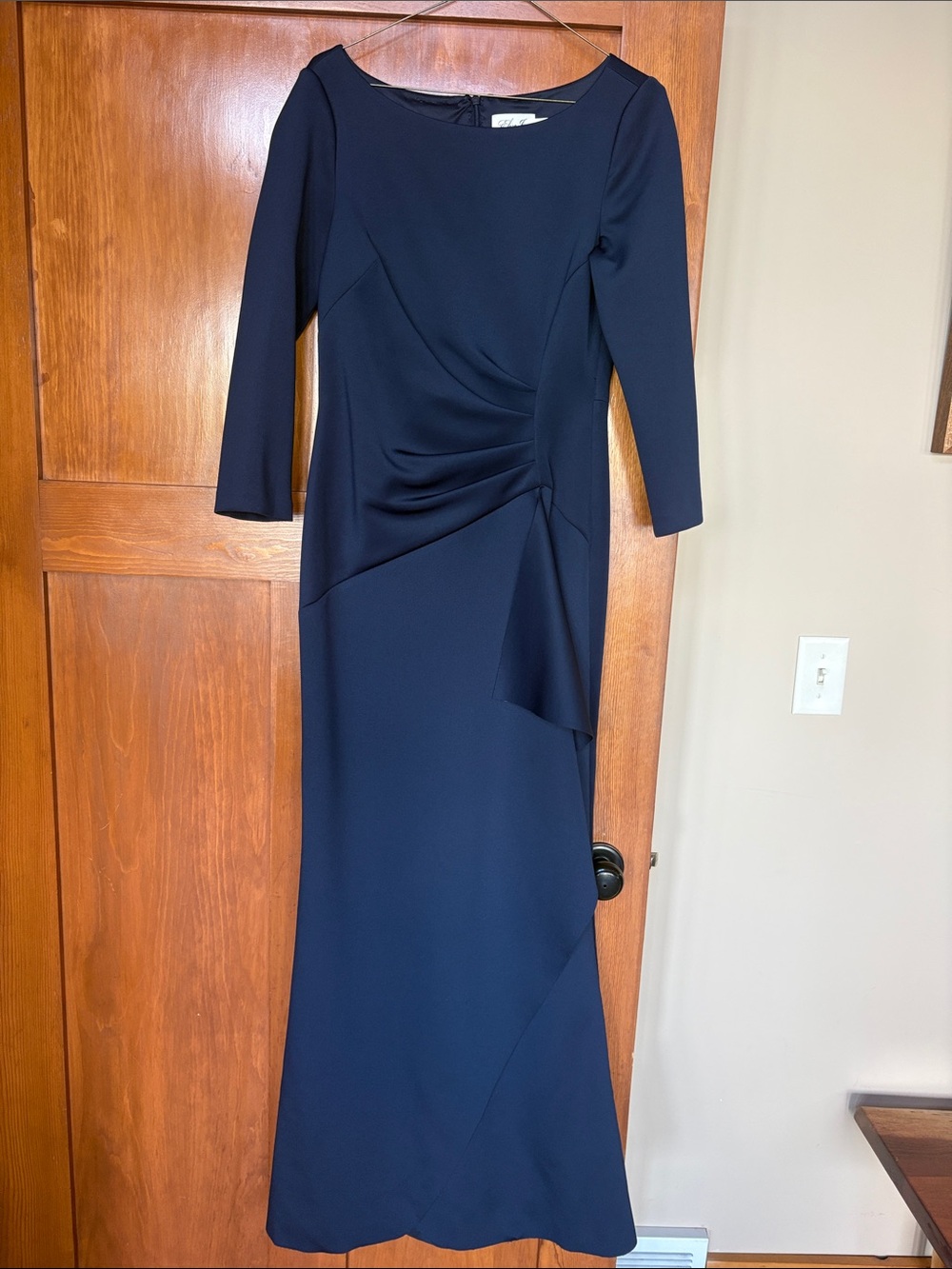 Eliza J Navy Long Sleeve Draped Sheath Gown